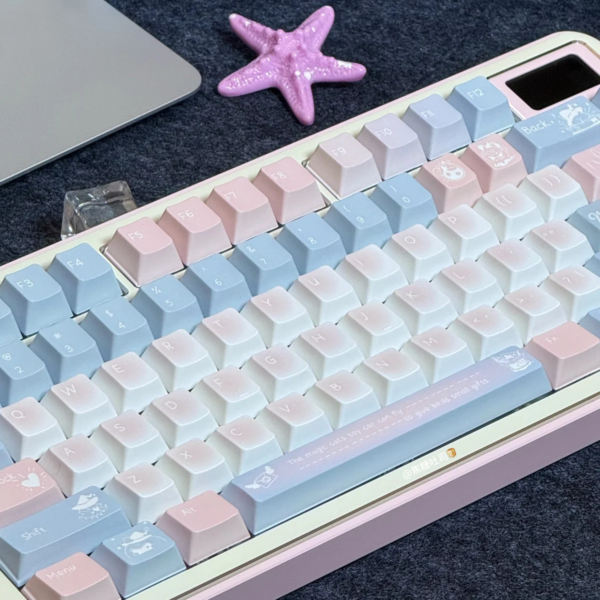 Dreamy Starry PBT Keycap Set in pink and blue. Durable PBT, vivid dye-sub cosmic design. Multiple angles highlight the serene, starlit aesthetic.