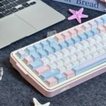 Dreamy starry PBT keycaps Set gallery, showcasing durable pink and blue dye-sub designs from multiple angles. Vivid starlit cosmic patterns for custom keyboard.