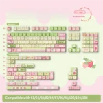 Close-up of the whimsical Strawberry Milk Rabbit PBT keycap set, showcasing adorable pastel hues bunny keycaps from a unique angle, perfect for fans.