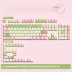 Whimsical Strawberry Milk Rabbit PBT Keycap set with adorable side-engraved bunny characters in pastel hues, offering translucent shine-through.