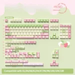 Whimsical Strawberry Milk Rabbit PBT keycaps set, an adorable 158-key Cherry profile set featuring charming pastel pink and white bunny motifs for a delightful keyboard.