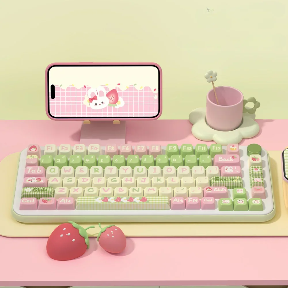 Whimsical Strawberry Milk Rabbit PBT Keycap Set featuring pastel keycaps with adorable bunny designs, perfect for a sweet aesthetic.