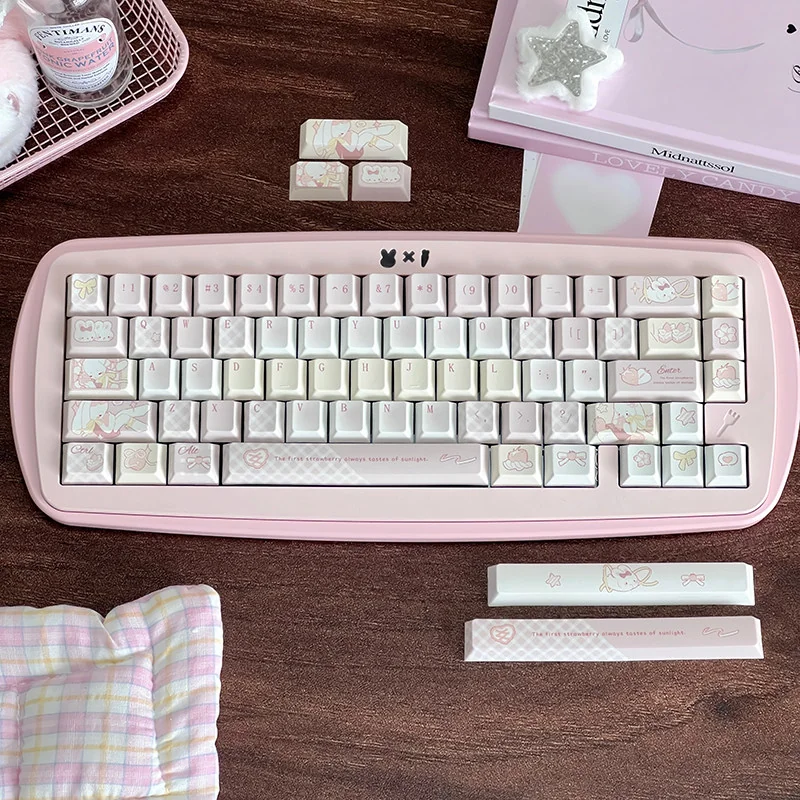 Sweet Strawberry Milkshake PBT Dye-Sub Keycap Set with pastel pink and white keys, featuring playful dessert icons for a delightful, whimsical keyboard.