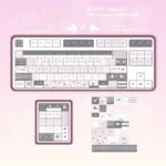 Playful gallery of the Adorable Strawberry Rabbit PBT Dye-sub Keycap Set, showcasing whimsical pastel illustrations of strawberries and charming rabbit.