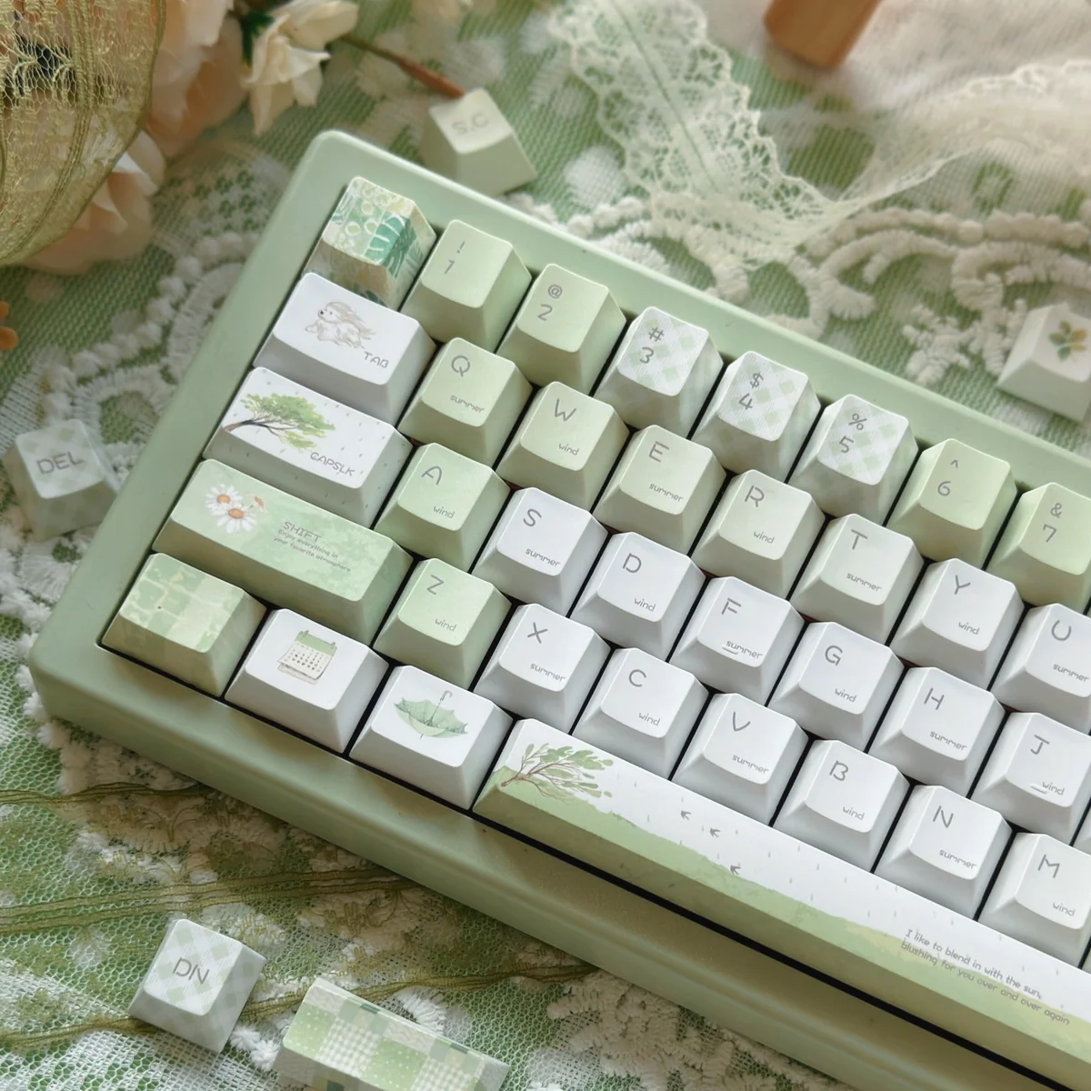 Summer Rain PBT keycaps set artfully displayed from various angles, revealing serene gradients with fluid, ethereal patterns.