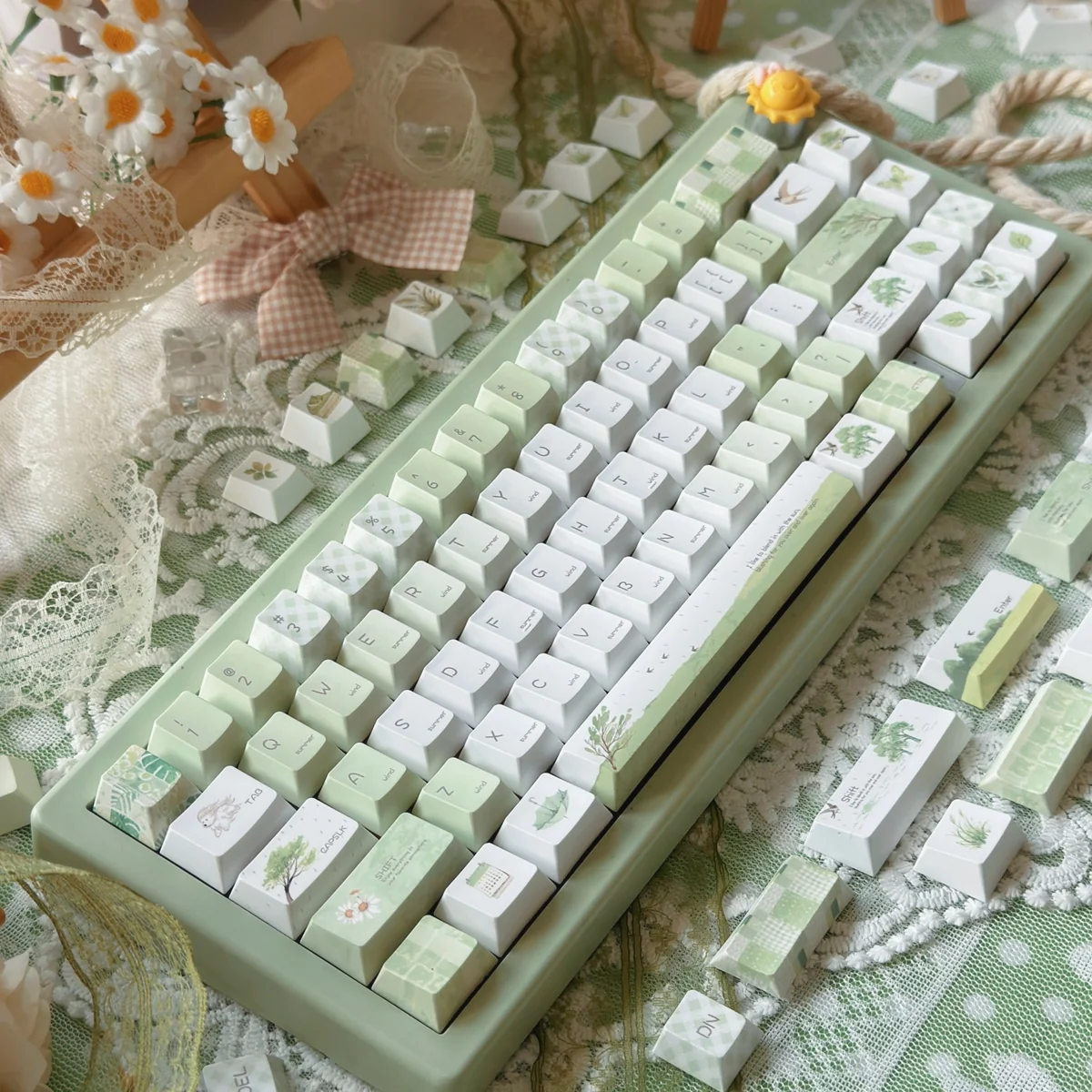 Serene Summer Rain PBT keycaps set, showcasing soft ethereal gradients and fluid patterns. Durable and artistic, these keycaps evoke a gentle summer showcasing design.