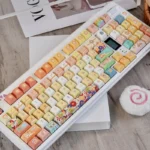 Close-up of a cheerful sunflower PBT keycap set, highlighting its vibrant dye-sublimation art and durable texture, ready to add joyful keyboard art.