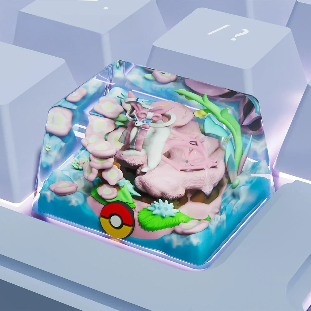 Close-up views of the handcrafted Sylveon keycap, showcasing its whimsical pink colors, delicate ribbons, and artisan charm from various angle.