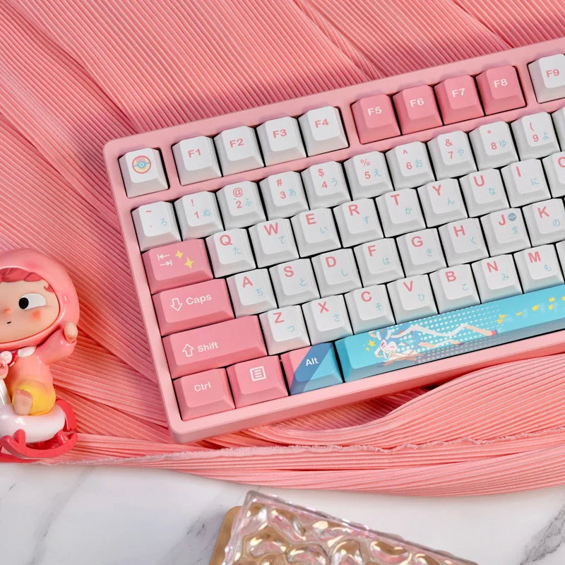 Playful Sylveon PBT keycap set for mechanical keyboards, showcasing its charming pastel design and durable material, perfect for whimsical keyboard customization.