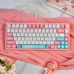 Charming Sylveon PBT keycap set for mechanical keyboards, featuring a whimsical pastel pink Sylveon design. Durable and delightful charm.