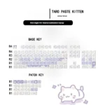 Adorable Taro Paste Kitten PBT dye-sub MOA keycaps set in soft pastel purple and white, showcasing playful kitten and taro designs from various angles.