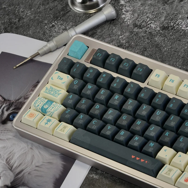 An artistic close-up of the exclusive Tears of Kingdom PBT keycap set, showcasing intricate Hyrule landscapes and ancient symbols from multiple angle.