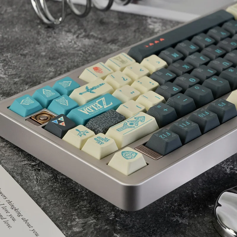 Exclusive Tears of Kingdom PBT keycaps set for mechanical keyboards, featuring mystical Hyrule landscapes and symbols at a unique angle.