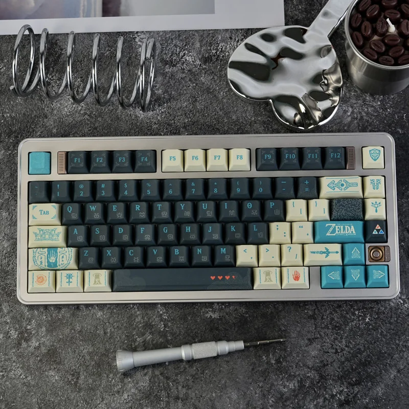 Exclusive Tears of Kingdom PBT Keycap Set for mechanical keyboards, showcasing mystical Hyrule landscapes and ancient symbols in an artistic, heroic design.