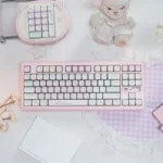Exclusive Tokyo Pink Keycaps Set: Urban Diary PBT Dye-Sub set in soft pastel pinks, featuring stylized Japanese art. Premium aesthetic.