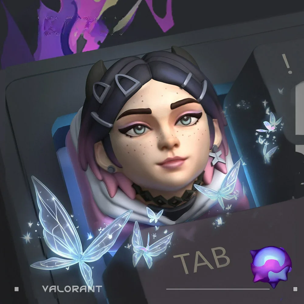 Handcrafted Valorant Clove resin keycap, showcasing its enigmatic dark fantasy design from multiple artistic angles.