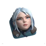 Exclusive Valorant Jett artisan keycap shown from various artistic angles, highlighting its dynamic design, realistic silver finish, and fine detail.