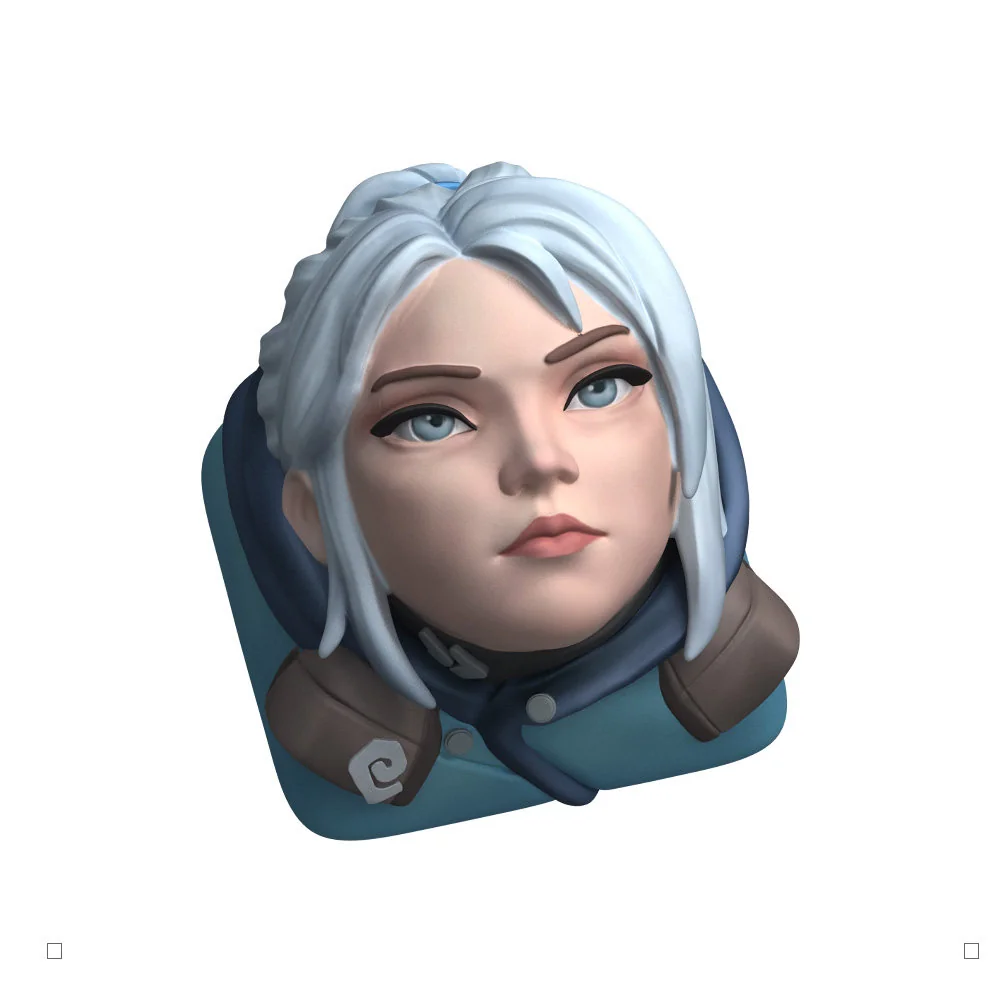 Exclusive Valorant Jett artisan keycap shown from various artistic angles, highlighting its dynamic design, realistic silver finish, and fine detail.