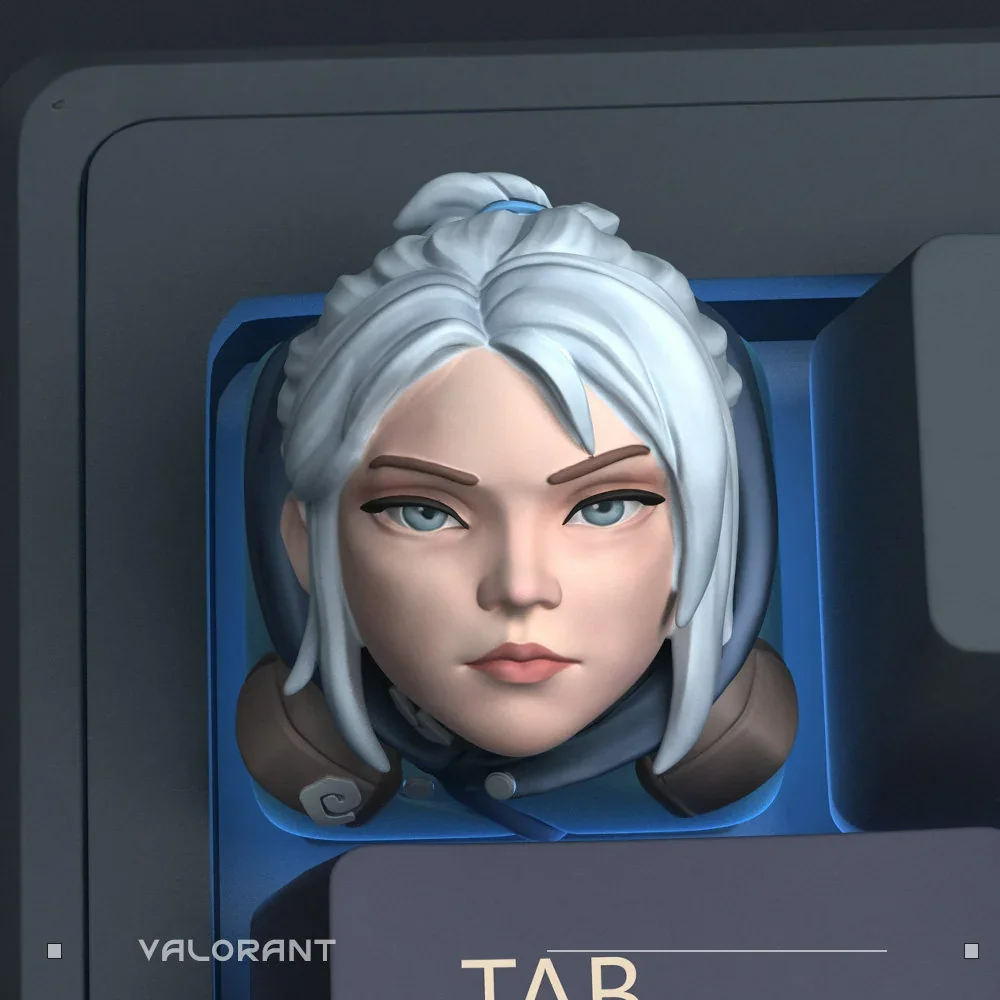 Exclusive Valorant Jett artisan keycap showcasing dynamic character design with a realistic silver finish and meticulous handcrafted detail, a true artisan design.