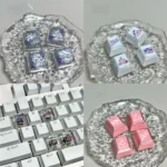 Vibrant artisan handcrafted Valorant Vyse skill keycaps, featuring translucent details and intricate designs, perfect for a personalized gaming keyboard.