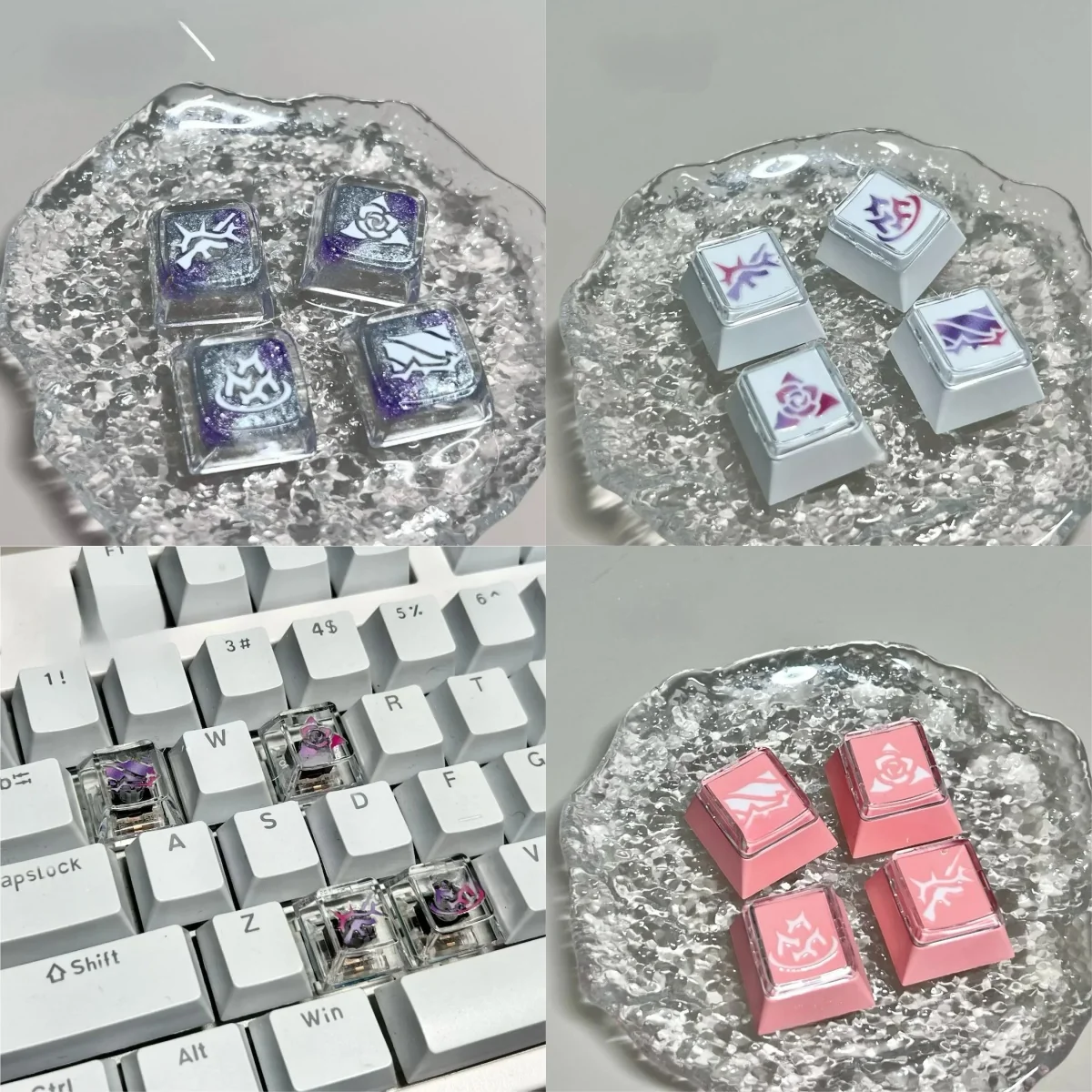 Vibrant artisan handcrafted Valorant Vyse skill keycaps, featuring translucent details and intricate designs, perfect for a personalized gaming keyboard.
