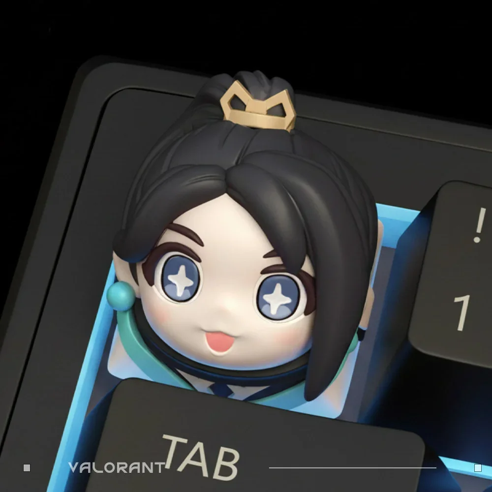 Handcrafted Valorant Sage Q-Version gaming keycap, displayed from various angles, highlighting its charming, stylized character and vibrant artisan design.