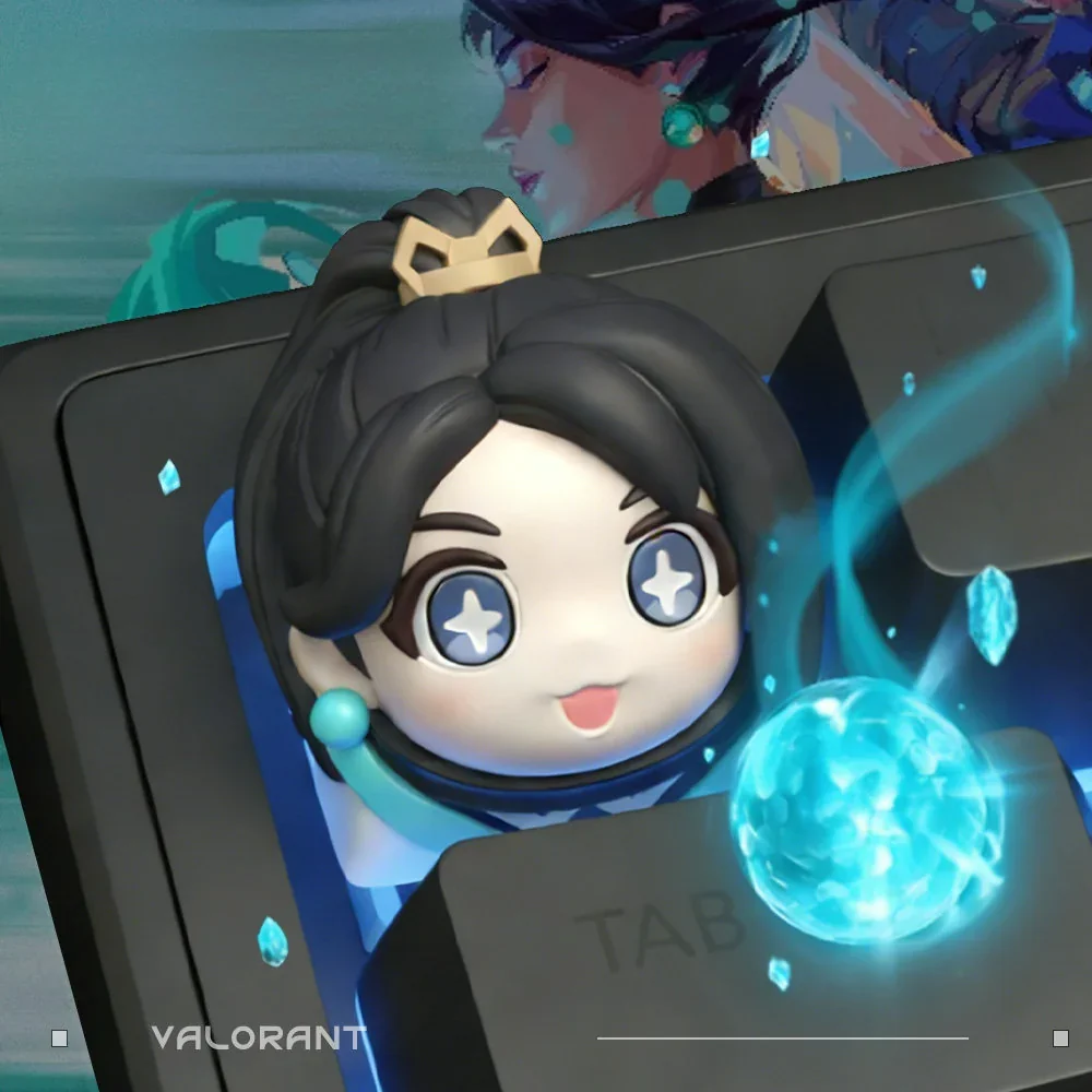 Artistic side profile of the handcrafted Valorant Sage Q-Version gaming keycap, highlighting its vibrant, stylized details and collectible artisan.