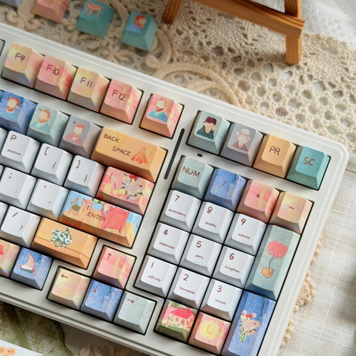 Artistic Van Gogh PBT keycaps set, a keyboard masterpiece set. Vibrant celestial art in rich artistic hues, shown from a unique, detailed design.