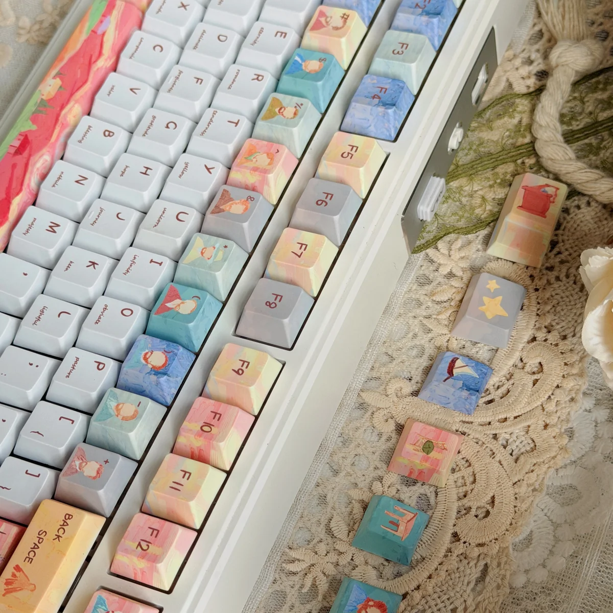 Detailed view of the Artistic Van Gogh PBT Keycap Set, with vibrant celestial art in rich artistic hues. These unique Van Gogh keycap.
