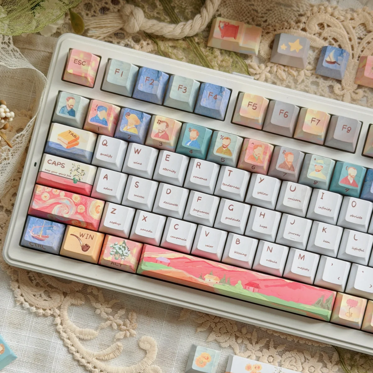 Artistic Van Gogh PBT keycaps set, featuring vibrant hues. These unique keycaps transform any keyboard into a celestial desgn.