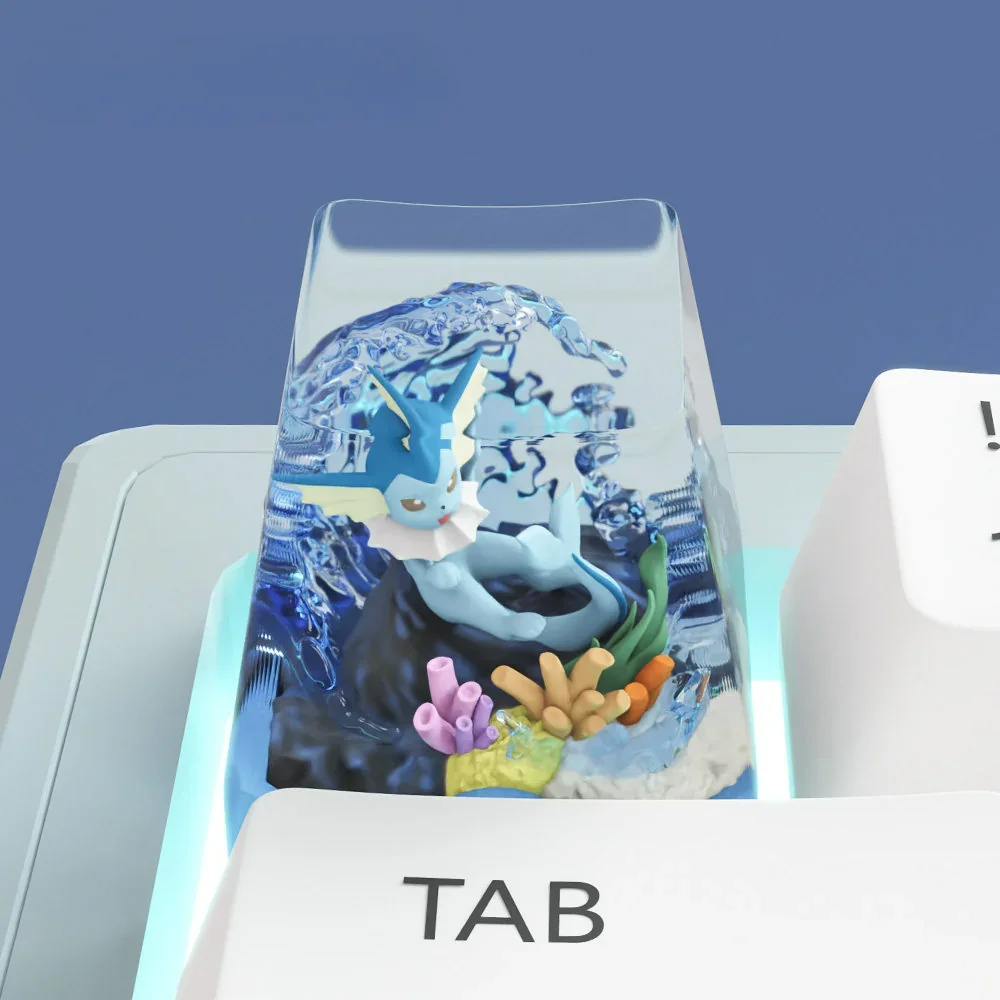 Main image of the exclusive, handcrafted Vaporeon Pokemon artisan keycap, showcasing its vibrant aquatic blue details and serene character sculpt.