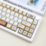 Detailed product gallery of the Global Journey PBT Keycaps. Unique dye-sublimated keycaps showcase artistic classic postage stamps and aged paper design.