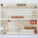 Artistic close-up of the Vintage Stamp PBT keycap set, highlighting global journey postage stamp designs and aged paper textures on dye-sublimated keyboard.