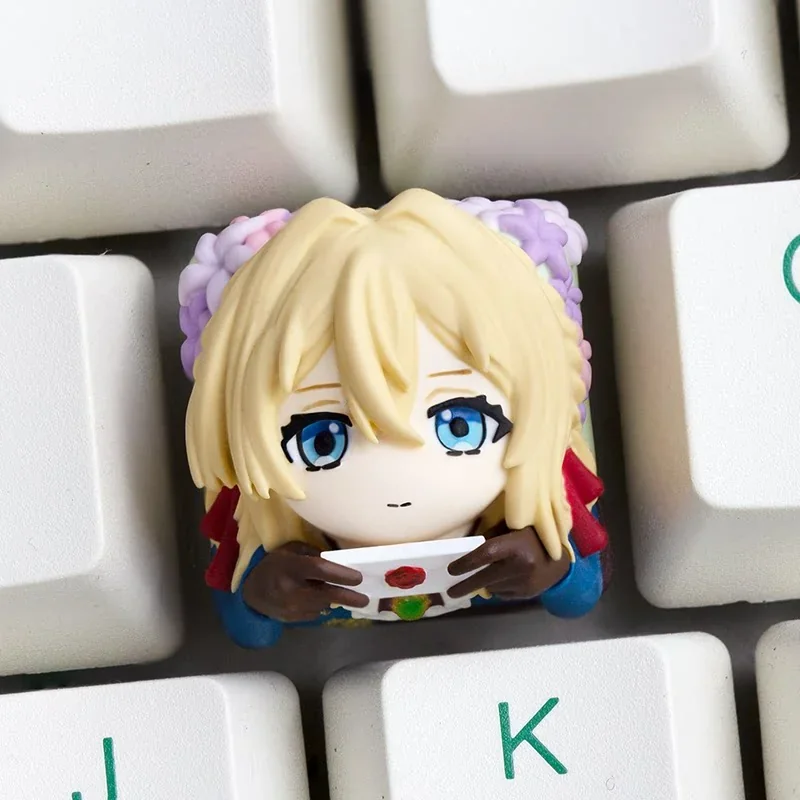 Close-up of a handcrafted Violet Evergarden Artisan Resin ESC Keycap, showcasing its intricate details, vibrant colors, and elegant anime aesthetic.