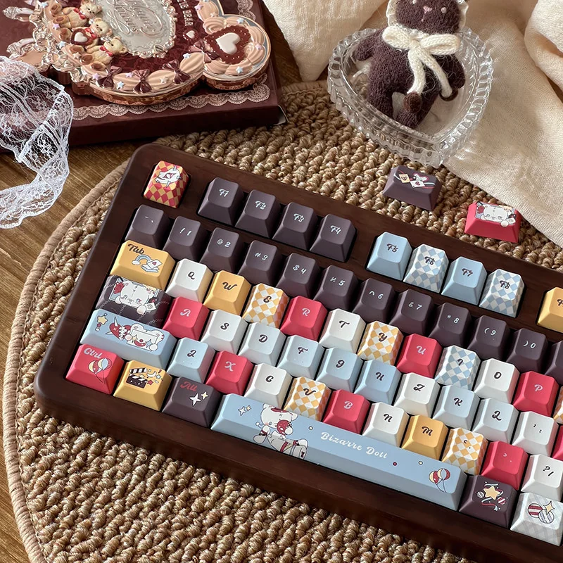 Distinctive Wacky Doll Artisan Keycap Set collection, viewed from multiple angles, highlighting its PBT dye-sub design and quirky, vibrant aesthetic.
