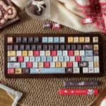 A close-up of a distinctive Wacky Doll artisan keycap set, showcasing its quirky and vibrant PBT dye-sub design with a cute, slightly macabre character.