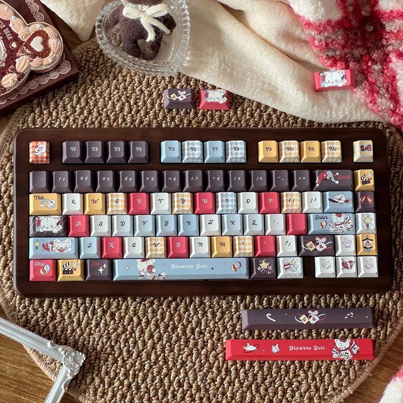 A close-up of a distinctive Wacky Doll artisan keycap set, showcasing its quirky and vibrant PBT dye-sub design with a cute, slightly macabre character.