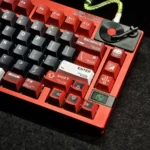 Detailed shot of the Warrior PBT Keycaps Set, revealing the rugged texture and valor-inspired legends, emphasizing their durability for intense gaming setup.