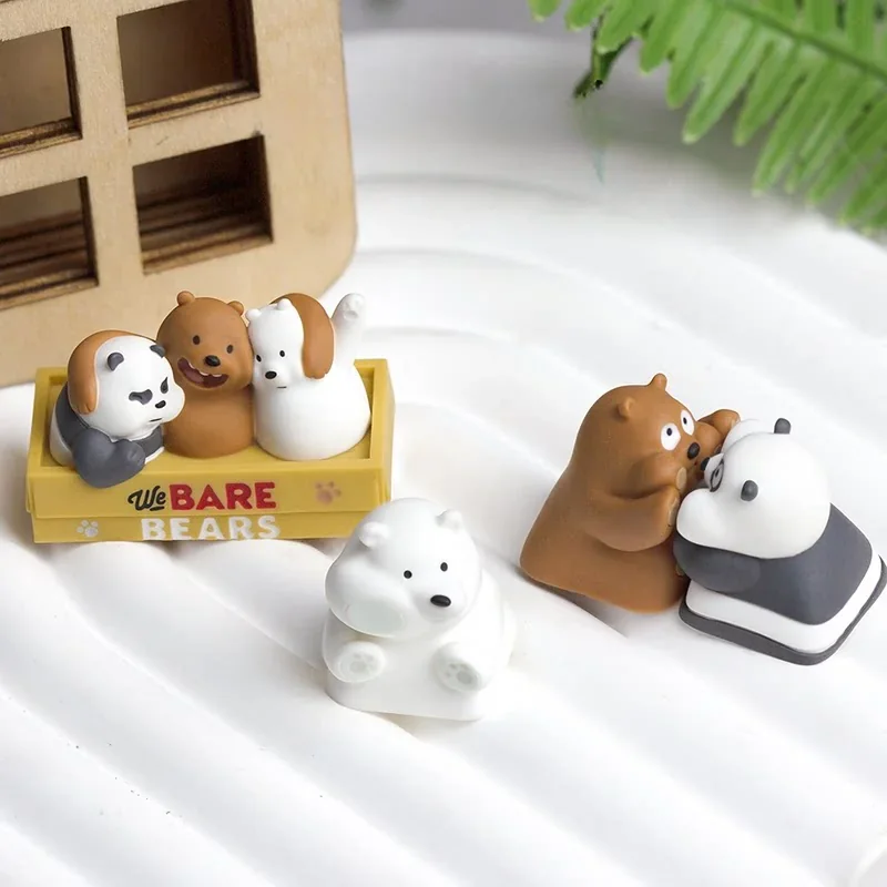 Exclusive We Bare Bears artisan resin keycaps, featuring Grizz, Panda, and Ice Bear from playful angles, vibrantly crafted, adding cute charm.