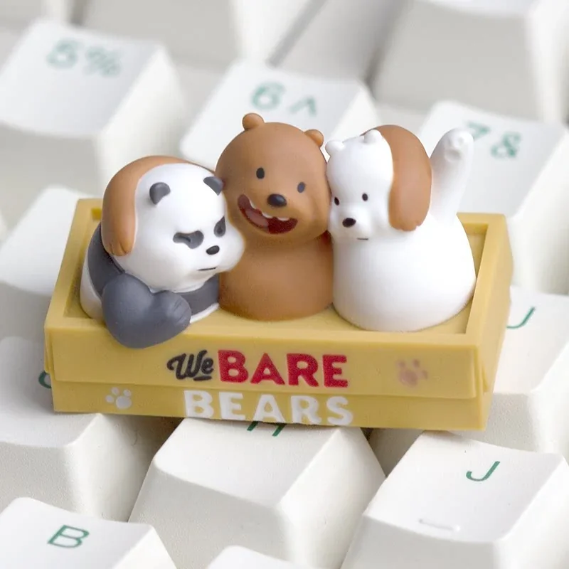 Charming handcrafted We Bare Bears artisan resin keycap showcasing Grizz, Panda, and Ice Bear. A playful and unique keyboard accessory.