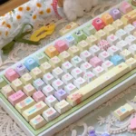 A playful gallery view of the Whimsical Bear Plush Toy Keycap Set, showcasing adorable PBT dye-sub keycaps with cuddly bear characters from multiple charming angle.