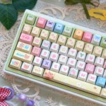 Whimsical Bear Plush Toy PBT Dye-Sub Keycaps Set, highlighting adorable bear characters in warm, inviting colors from many angles.
