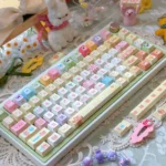 A detailed view of the Whimsical Bear Plush Toy Keycap Set, showing the charming PBT dye-sub keycaps from a different angle, with adorable bear characters.