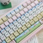 Detailed view of the whimsical PBT dye-sub keycap set, showcasing multiple cute cat heads from various angles. Enjoy the playful feline aesthetic.