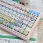 Close-up of a whimsical little cat heads PBT dye-sub keycap set, showcasing its cute design and durable MAO profile from multiple playful angle.