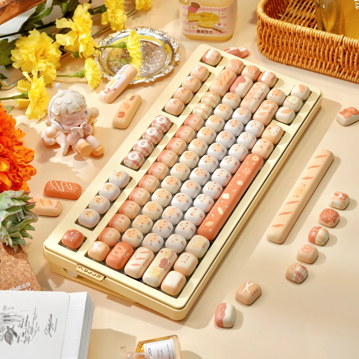 "Mantou Keycap Set displayed from a gentle angle, highlighting its whimsical, rounded MOG profile and soft pastel hues for cute, cozy comfort."