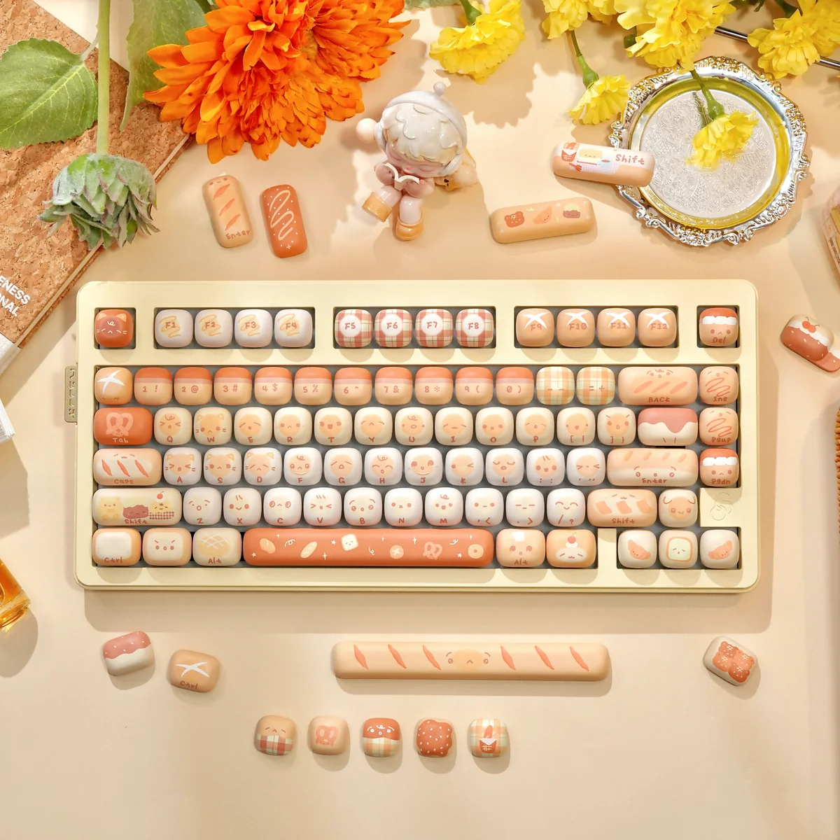 "Mantou Keycap Set showcasing whimsical, soft pastel keycaps with a rounded MOG profile, designed for cute comfort and a playful desk setup."