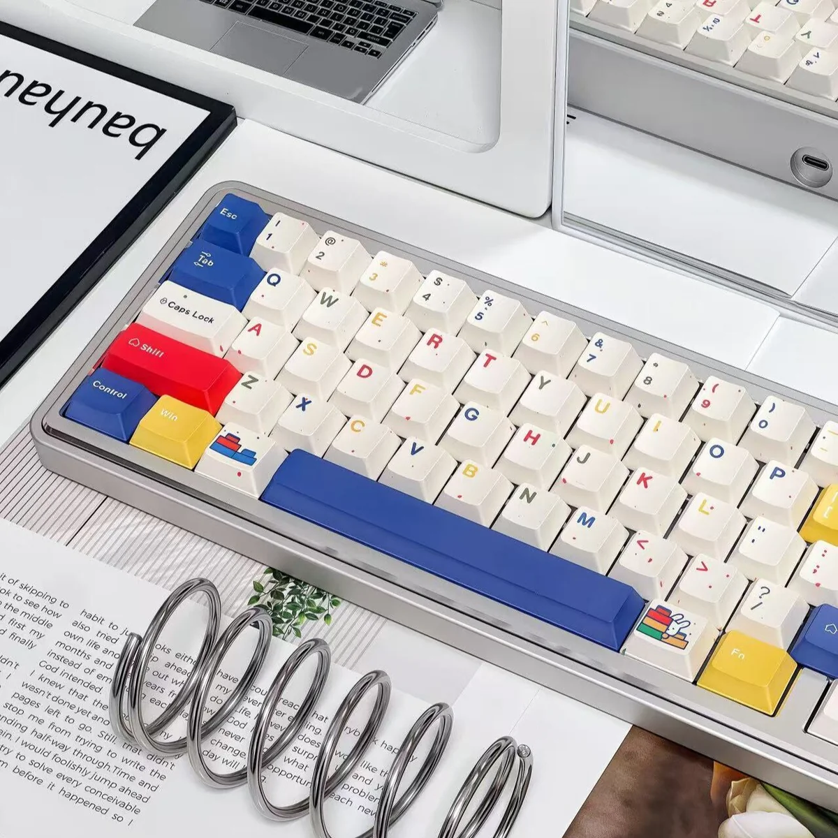 A full view of the whimsical rabbit PBT keycaps set, highlighting their durable dye-sublimated designs and vibrant, charming rabbit illustrations from multiple angles.