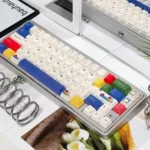 Whimsical Rabbit PBT Keycaps Set gallery: durable dye-sublimated designs. Vibrant, charming rabbit illustrations shown from multiple angles, highlighting charming design.