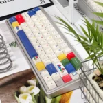 A collection of whimsical rabbit PBT keycaps set, showcasing vibrant dye-sublimated designs from multiple angles, highlighting their playful charm and durable PBT.